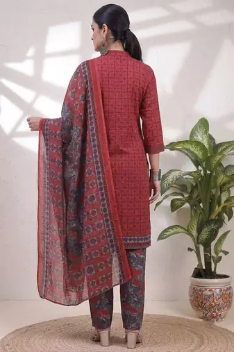 Red printed cotton blend stitched geometric print salwar kurta dupatta for women