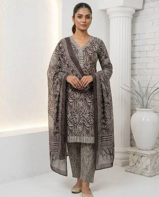 Brown printed cotton blend stitched floral print salwar kurta dupatta for women 4