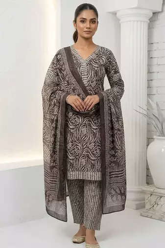 Brown printed cotton blend stitched floral print salwar kurta dupatta for women
