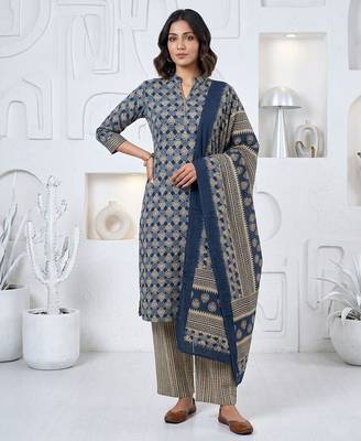 Blue printed cotton blend stitched ethnic motif print salwar kurta dupatta for women 4