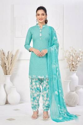 Light blue printed cotton blend stitched geometric print salwar kurta dupatta for women 5
