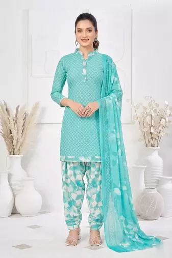 Light blue printed cotton blend stitched geometric print salwar kurta dupatta for women
