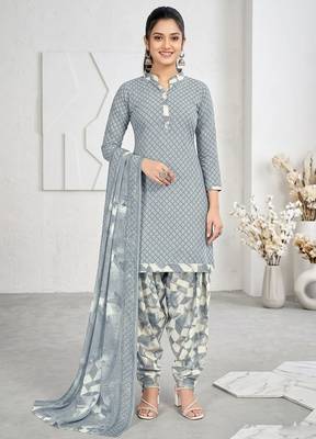 Grey printed cotton blend stitched geometric print salwar kurta dupatta for women 4