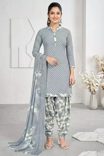 Grey printed cotton blend stitched geometric print salwar kurta dupatta for women