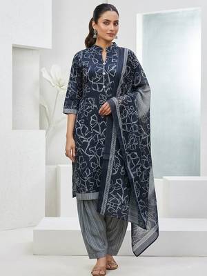 Blue printed cotton blend stitched floral print salwar kurta dupatta for women 4