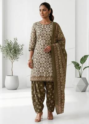 Olive printed cotton blend stitched geometric print salwar kurta dupatta for women 4