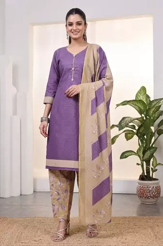 Purple printed cotton blend stitched geometric print salwar kurta dupatta for women