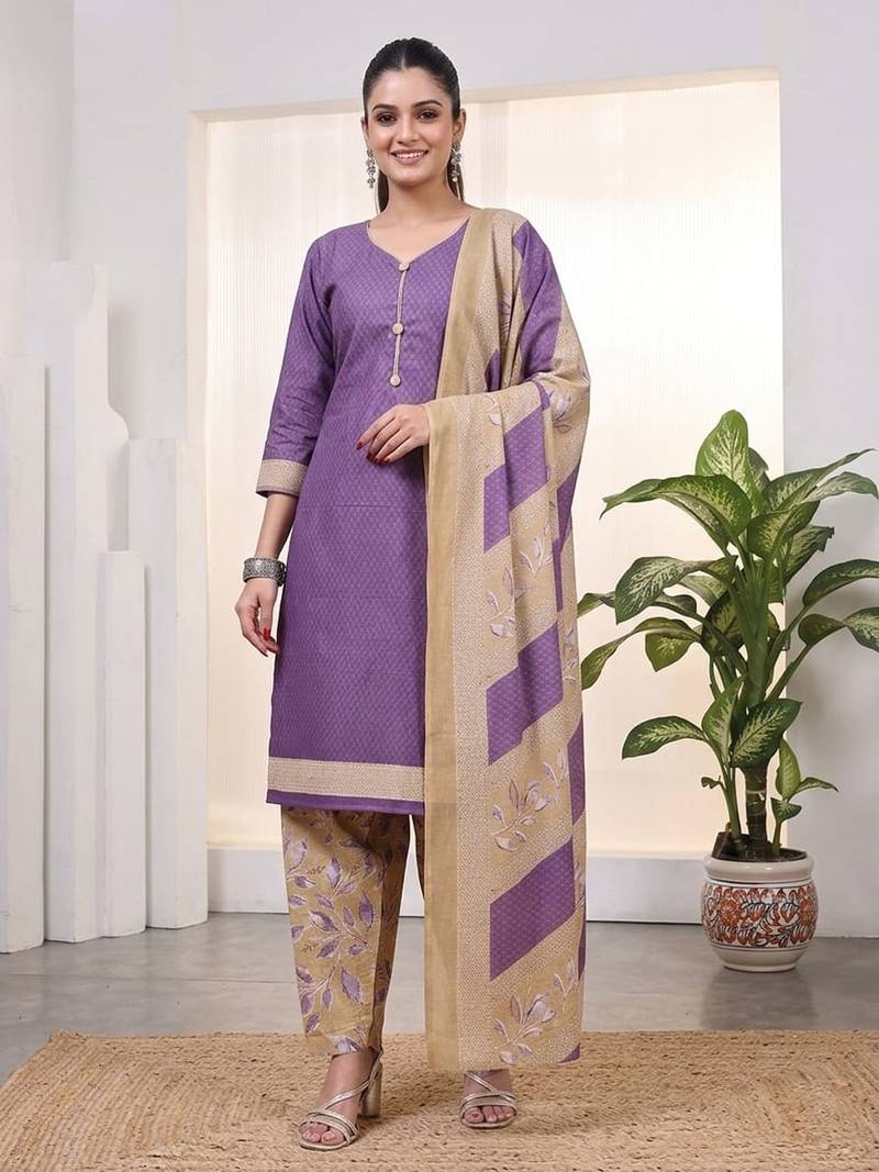 Purple printed cotton blend stitched geometric print salwar kurta dupatta for women