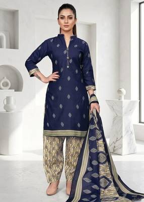 Blue printed cotton blend stitched geometric print salwar kurta dupatta for women 4