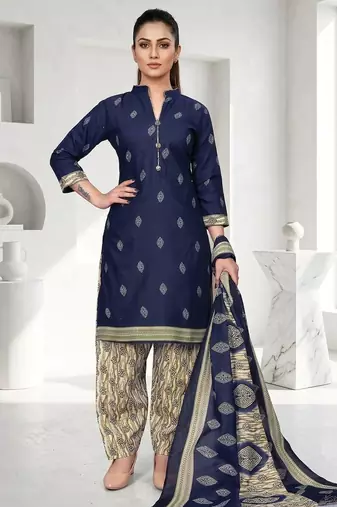 Blue printed cotton blend stitched geometric print salwar kurta dupatta for women
