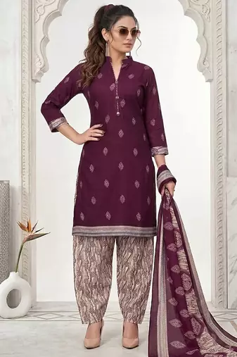 Purple printed cotton blend stitched geometric print salwar kurta dupatta for women