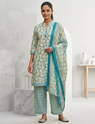 Light blue printed cotton blend stitched abstrect print salwar kurta dupatta for women 4