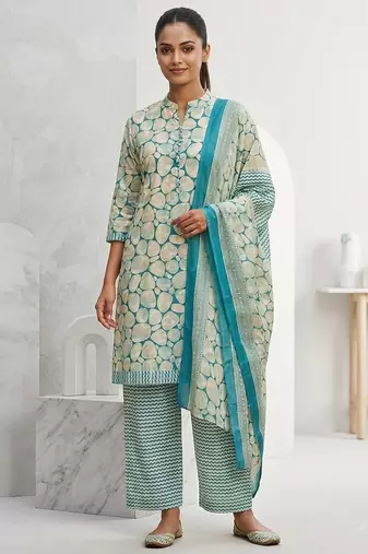 Light blue printed cotton blend stitched abstrect print salwar kurta dupatta for women