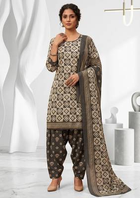 Grey printed cotton blend stitched geometric print salwar kurta dupatta for women 4