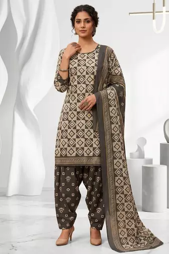 Grey printed cotton blend stitched geometric print salwar kurta dupatta for women