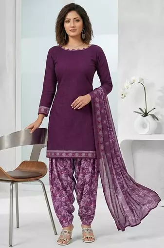 Purple printed cotton blend stitched floral print salwar kurta dupatta for women