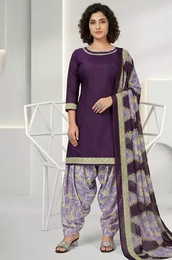 Purple printed cotton blend stitched geometric print salwar kurta dupatta for women