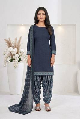 Blue printed cotton blend stitched floral print salwar kurta dupatta for women 5