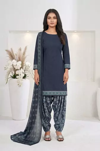Blue printed cotton blend stitched floral print salwar kurta dupatta for women