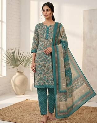 Teal printed cotton blend stitched floral print salwar kurta dupatta for women 4