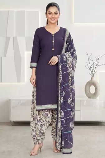 Purple printed cotton blend stitched floral print salwar kurta dupatta for women