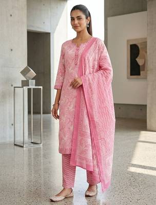 Pink printed cotton blend stitched floral print salwar kurta dupatta for women 4