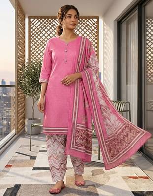 Pink printed cotton blend stitched geometric print salwar kurta dupatta for women 4