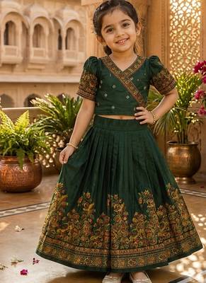 Green pashmina silk with all body pure zari weaving work lehenga choli for kids 1