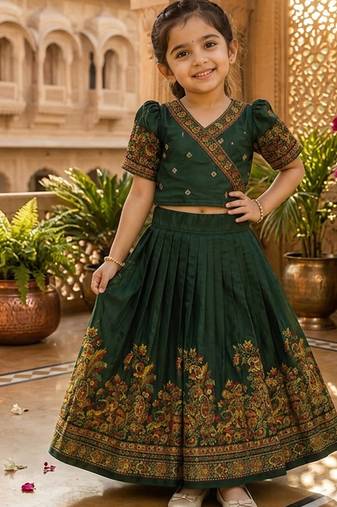 Green pashmina silk with all body pure zari weaving work lehenga choli for kids