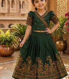 Green pashmina silk with all body pure zari weaving work lehenga choli for kids