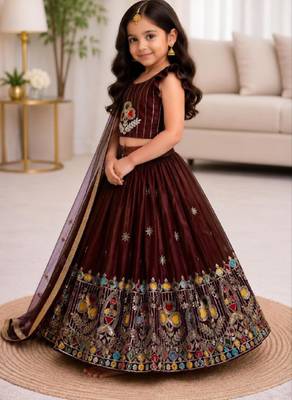 Kids' maroon  Embroidered Lehenga Choli with Dupatta 1