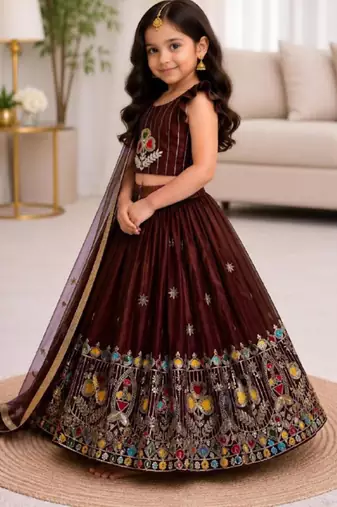Kids' maroon  Embroidered Lehenga Choli with Dupatta