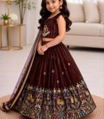 Kids' maroon  Embroidered Lehenga Choli with Dupatta