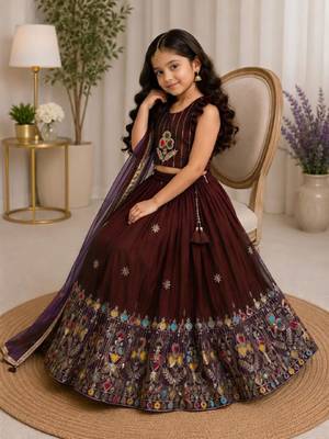 Kids' maroon  Embroidered Lehenga Choli with Dupatta 2