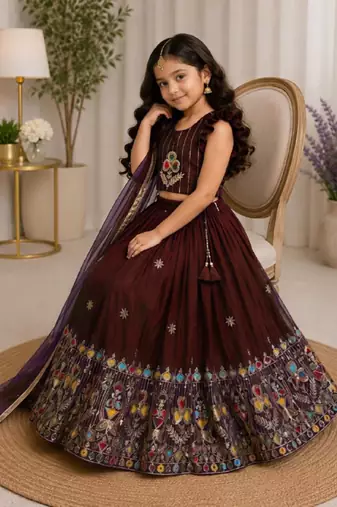 Kids' maroon  Embroidered Lehenga Choli with Dupatta