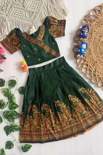 Green pashmina silk with all body pure zari weaving work lehenga choli for kids