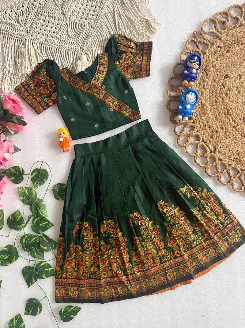 Green pashmina silk with all body pure zari weaving work lehenga choli for kids