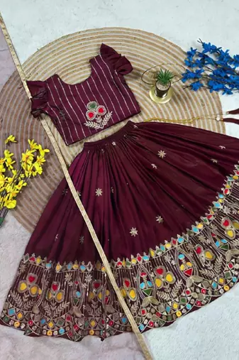 Kids' maroon  Embroidered Lehenga Choli with Dupatta