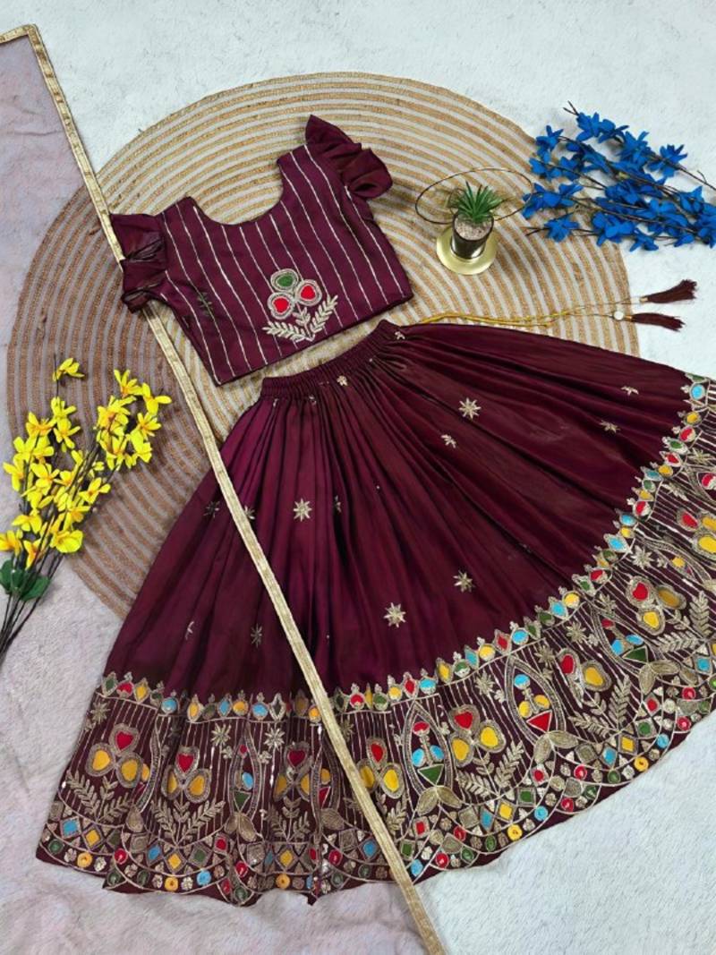 Kids' maroon  Embroidered Lehenga Choli with Dupatta