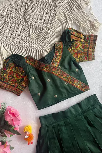 Green pashmina silk with all body pure zari weaving work lehenga choli for kids