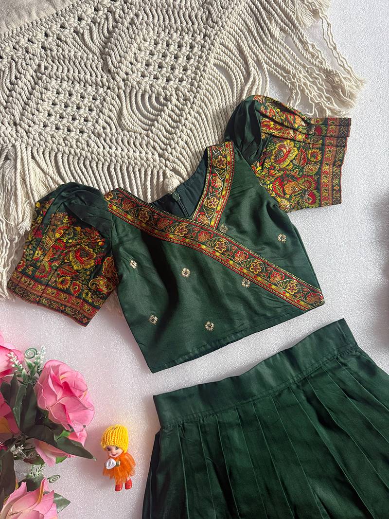 Green pashmina silk with all body pure zari weaving work lehenga choli for kids