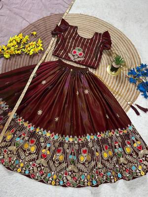 Kids' maroon  Embroidered Lehenga Choli with Dupatta 4