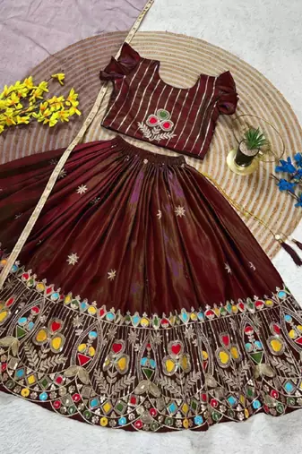 Kids' maroon  Embroidered Lehenga Choli with Dupatta