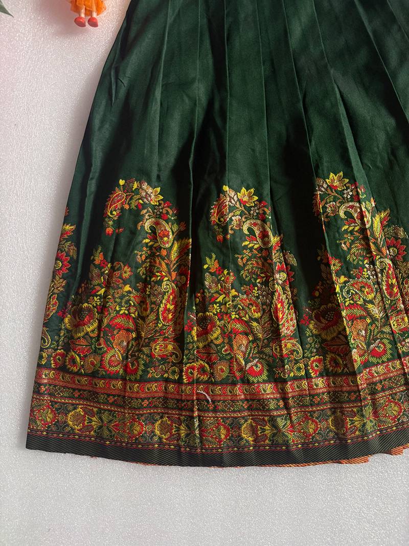 Green pashmina silk with all body pure zari weaving work lehenga choli for kids