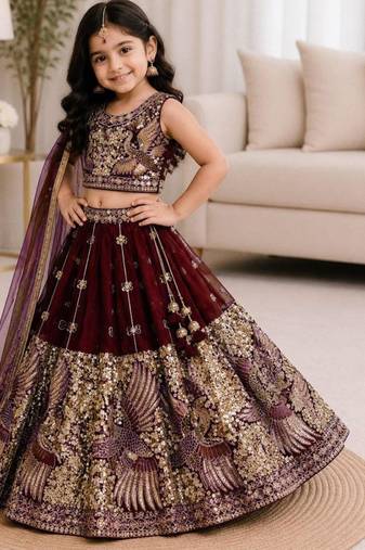 Kids' maroon Embroidered Lehenga Choli with Dupatta