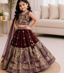 Kids' maroon Embroidered Lehenga Choli with Dupatta