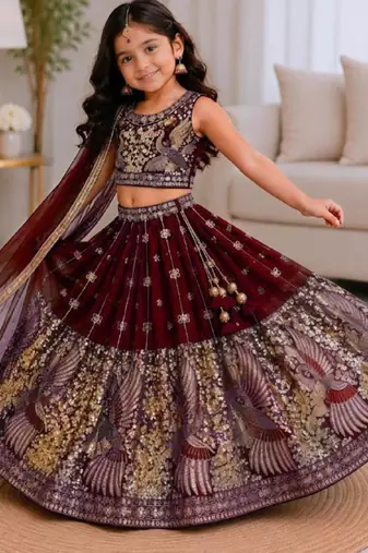 Kids' maroon Embroidered Lehenga Choli with Dupatta