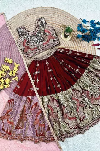 Kids' maroon Embroidered Lehenga Choli with Dupatta