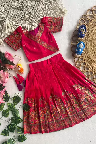 Ranipink pashmina silk with all body pure zari weaving work lehenga choli for kids