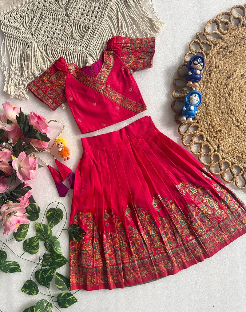 Ranipink pashmina silk with all body pure zari weaving work lehenga choli for kids
